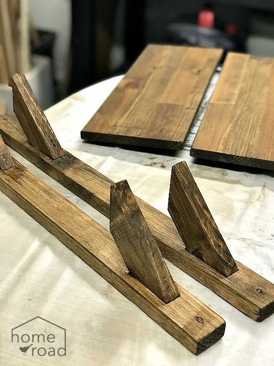Shelf pieces stained and drying