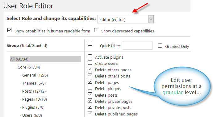 Editing of user access permissions in WordPress