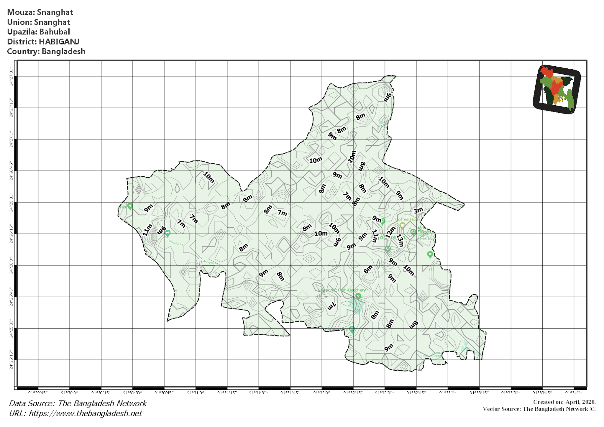 Map of Snanghat Mouza of Bahubal Upazila, HABIGANJ, Bangladesh.