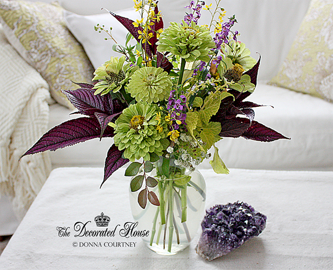 The Decorated House ~ Donna : Green Envy Zinnias and Persian Shield . Summer Flowers