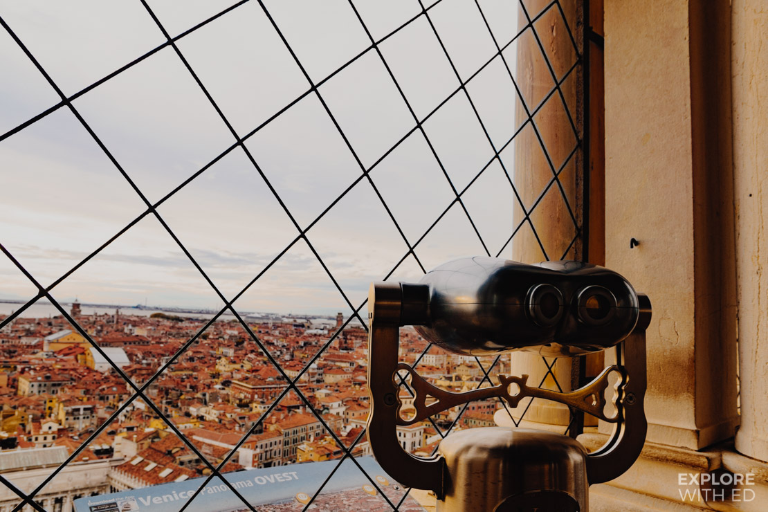 Binocular view looking west over Venice from the top of St Mark's Bell Tower