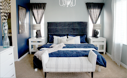 bedroom navy gray master remodel walls romantic chandelier bedrooms barnett cole elegance adds dim provides lighting space discover