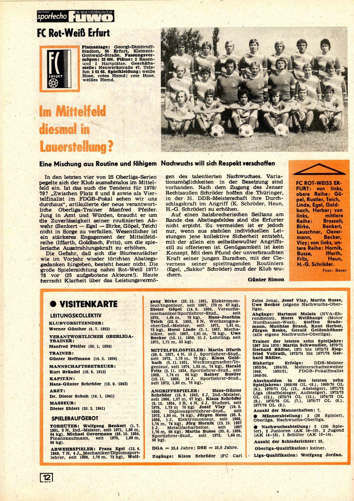 DDR OBERLIGA 197879. Les équipes du championnat.