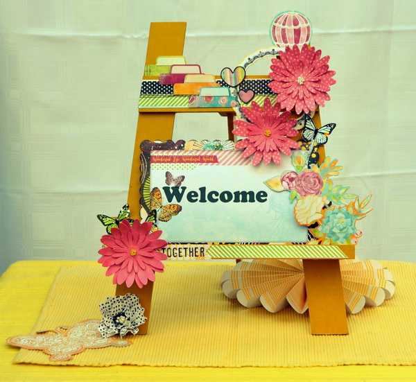 Party Decor Welcome Easel by Denise van Deventer using BoBunny Faith Collection and Pentart Lasur Gel