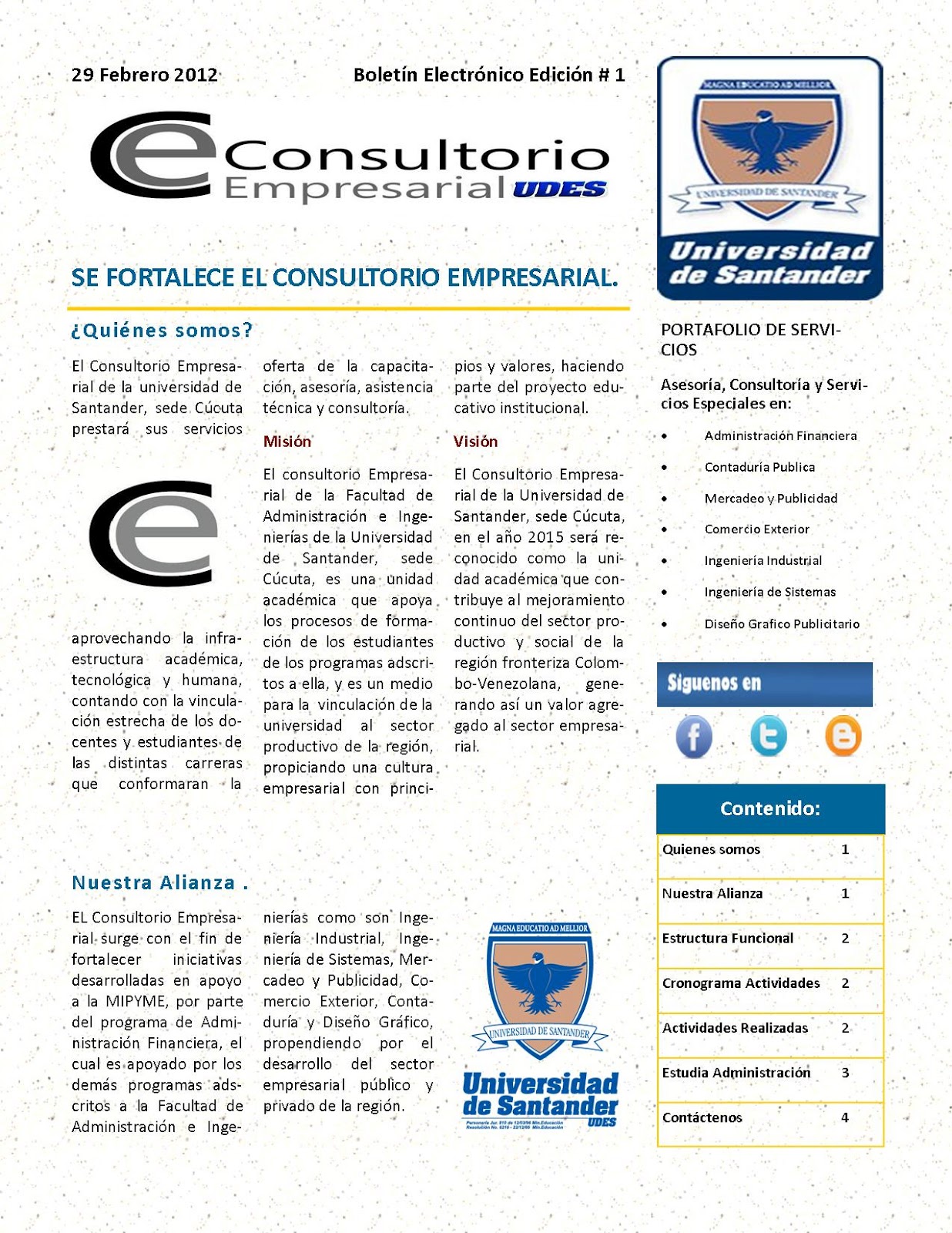 CONSULTORIO EMPRESARIAL UDES: Boletín Electrónico edición #1