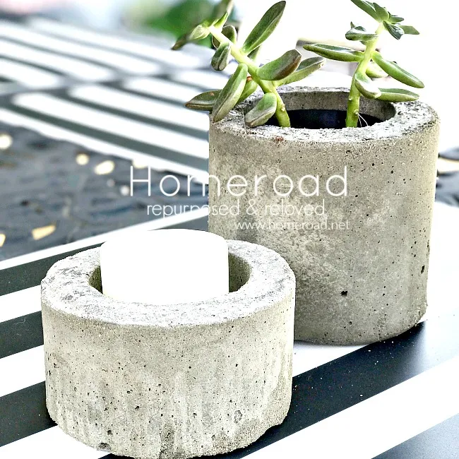 Recycled containers to make cement planter and candle holder