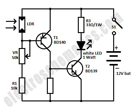 Schematic of Mini Emergency Light Circuit based LDR