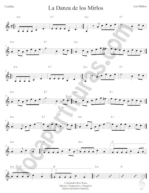La Danza de los Mirlos Cumbia de Edmundo Arias Partitura Fácil con Acordes  La Danza de los Mirlos Easy Sheet Music with Chords