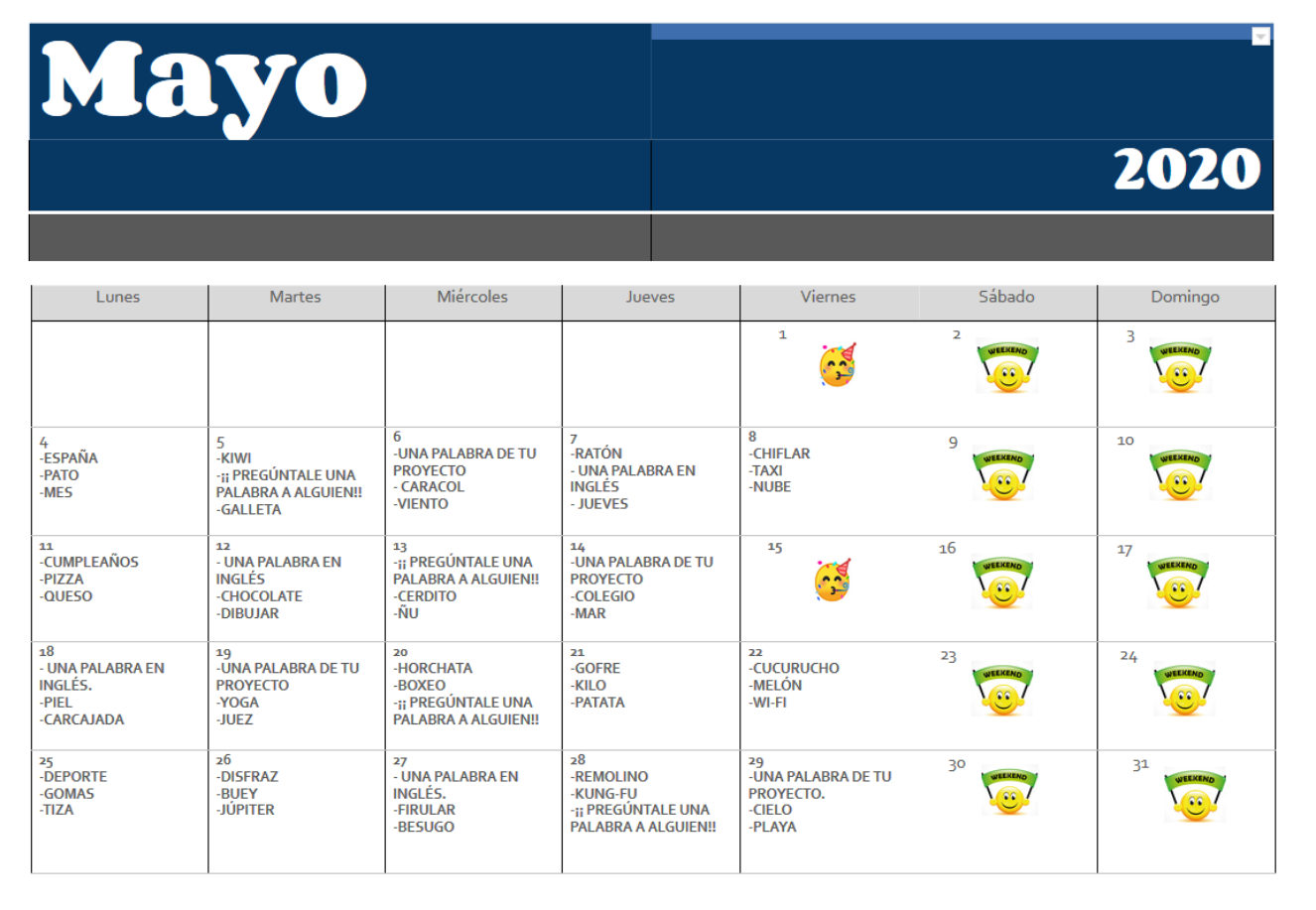 Modelos de calendario para imprimir: clases de educación física