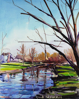 An acrylic painting of a house alongside of a creek.