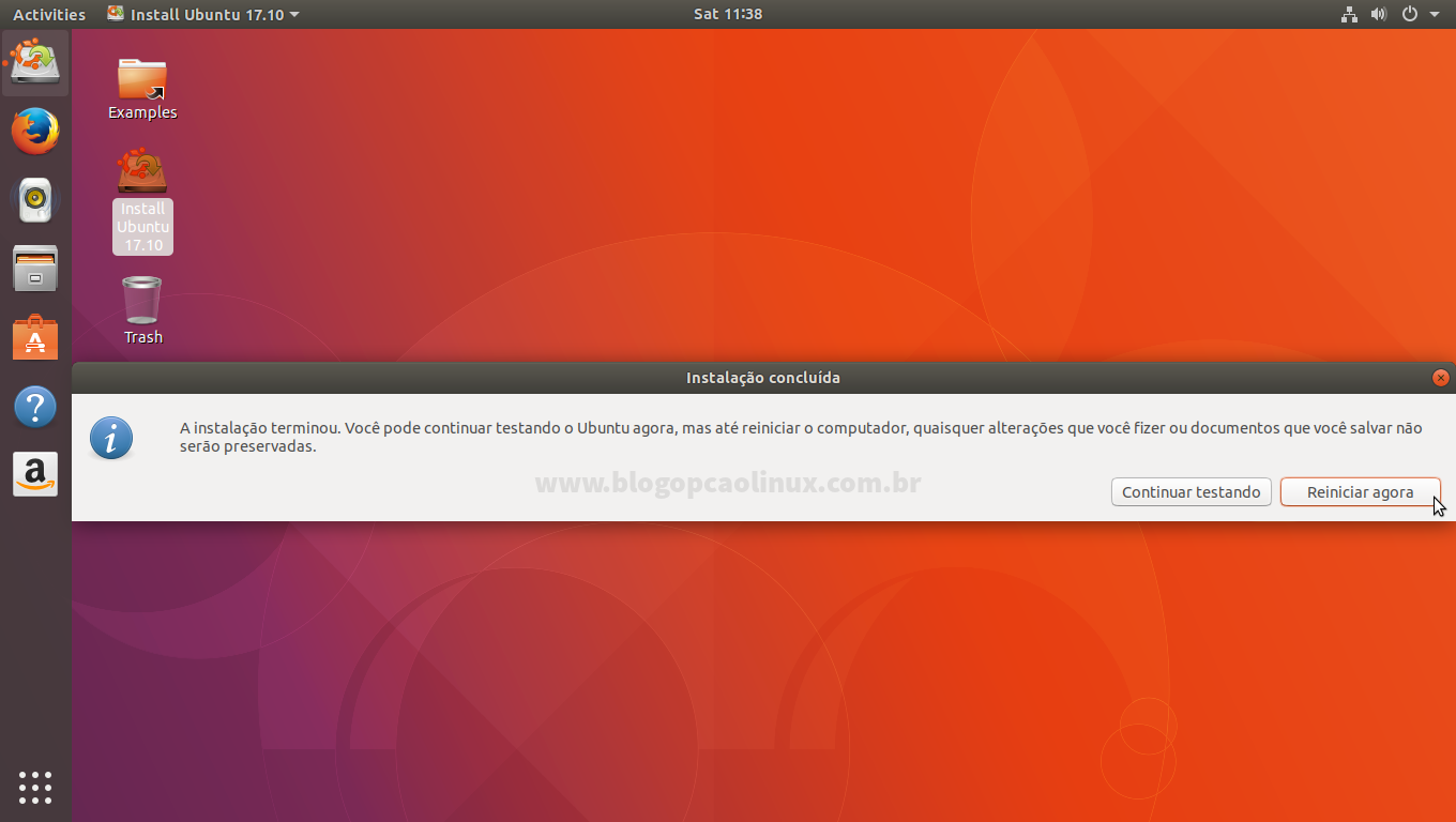 Ubuntu instalado, clique em "Reiniciar" para (obviamente) reiniciar o seu computador