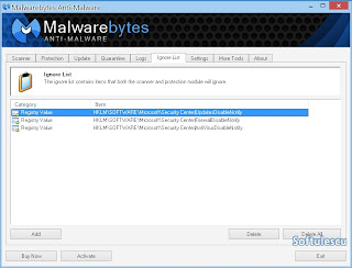 Malwarebytes Anti-Malware - Lista elementelor ignorate