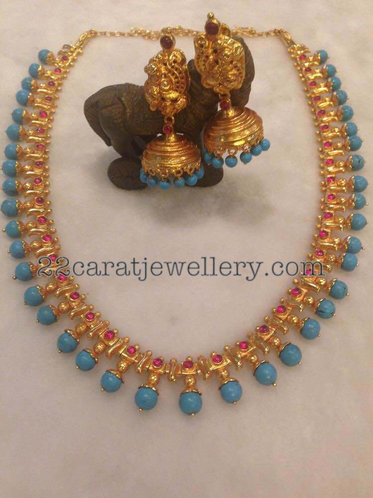 Turquoise Beads Set with Jhumkas Jewellery Designs