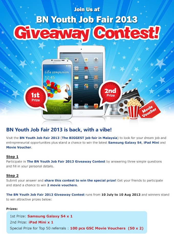 BN Youth Job Fair boleh menang Samsung Galaxy S4 dan Ipad Mini usha ni!