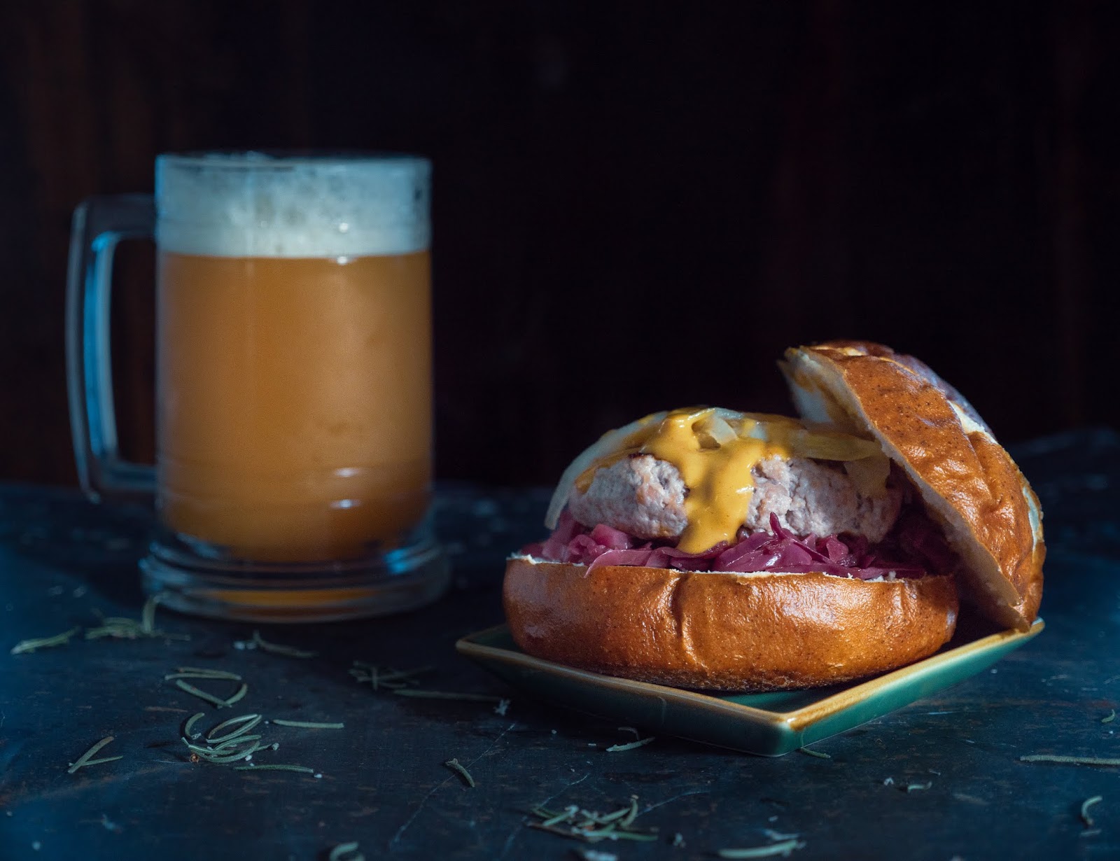 Local Food Rocks: Brat Burger with German Red Cabbage and Sweet Beer Mustard Sauce