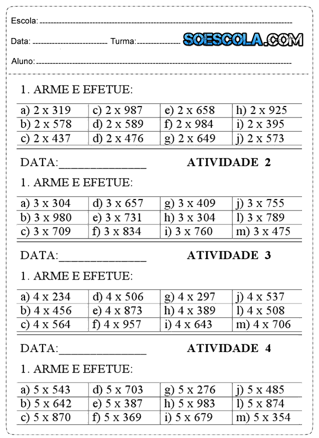 Multiplicação Atividades para 4º ano SÓ ESCOLA Multiplicação Atividades para 4º ano SÓ ESCOLA