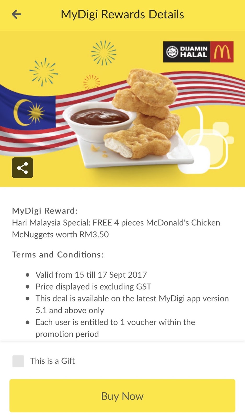 My Digi App Reward FREE 4 Pieces McDonald's Chicken Nuggets Worth RM3