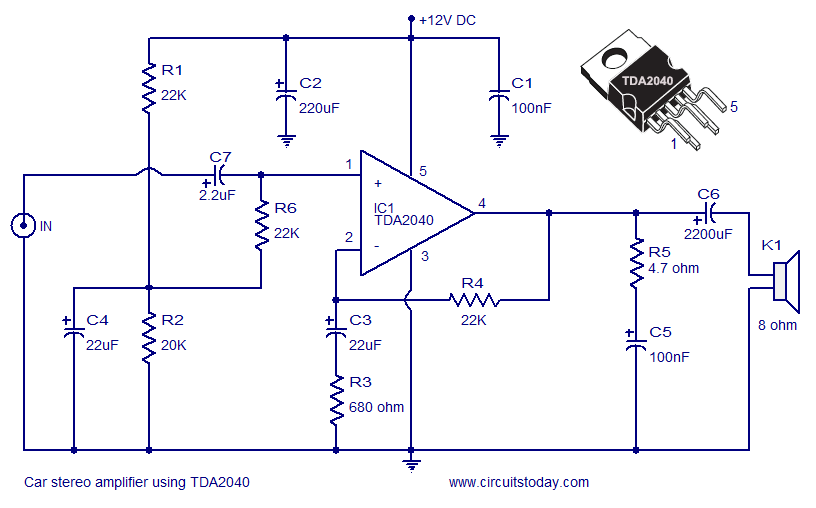 TDA2040 Car stereo amplifier circuit and explanation | Electronic Circuits, Schematics Diagram
