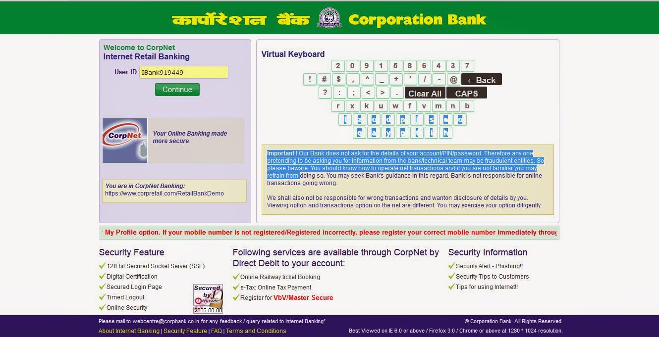 Corporation Bank Net Banking | Online Banking | Internet ...