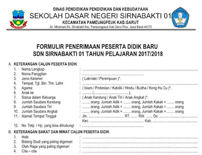 Download Contoh Formulir Penerimaan Siswa Baru Tahun Ajar 2017/2018