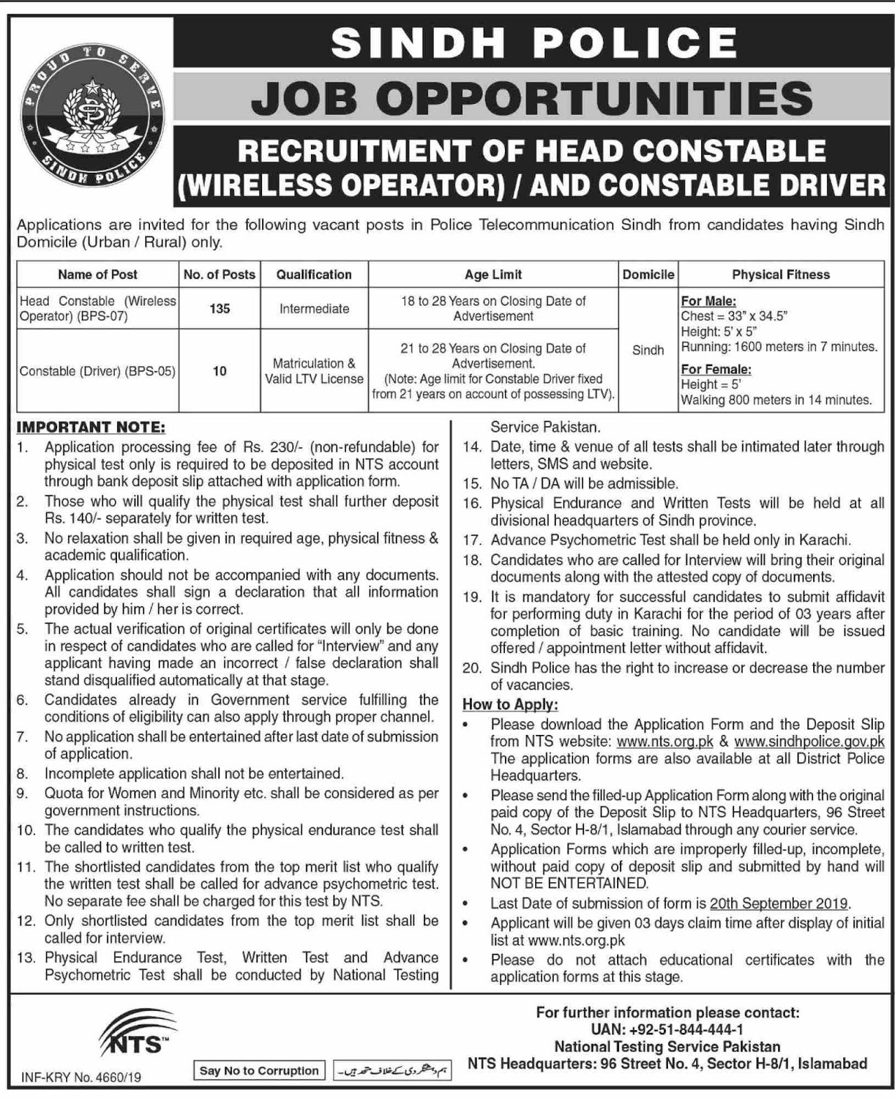 NTS Announced Jobs In Sindh Police For The Post Of Constable And Head Constable 2019
