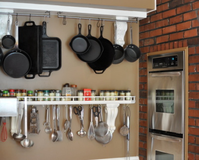 Hanging Pots and Pans & Open Spice Rack, One of Ten Things I Love About Our New Kitchen ♥ KitchenParade.com. Surprisingly, seven don't require a remodeling budget or construction dust.