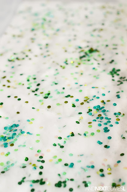 Sensory bin idea for kids: sparkle soap foam from And Next Comes L