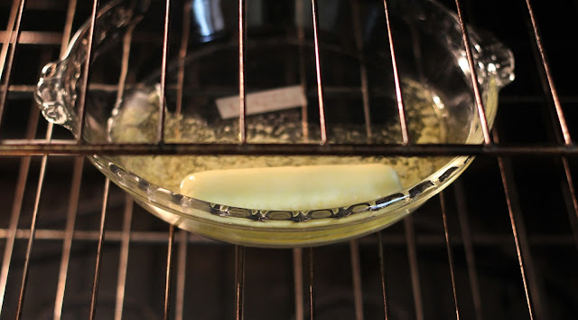 melting butter in oven safe dish, recipe using melted butter, melted butter