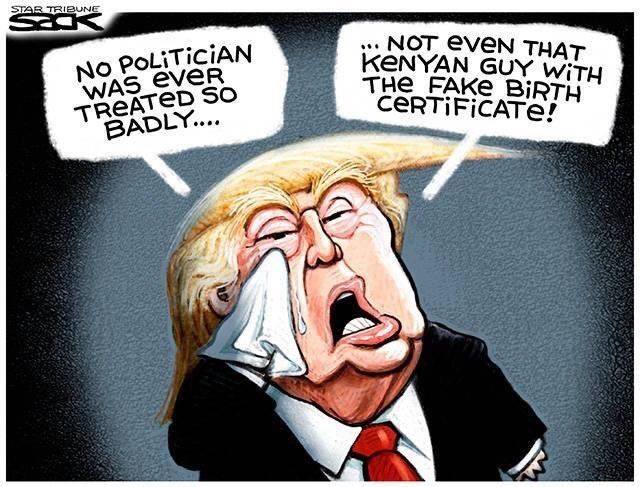 Donald Trump wiping tears from his eyes as he sobs, 