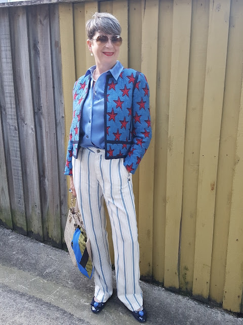 wide leg white pants&blue stripes|blue silk blouse|blue jacket & red stars