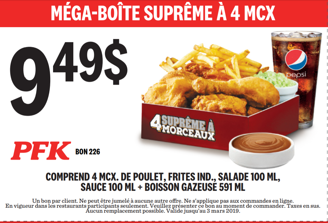 Coupons PFK Québec 2019 Coupons au Québec