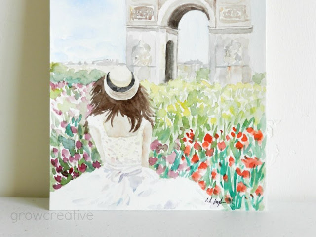 Original Watercolor Painting of Girl in front of Arc de Triomphe, Paris by Elise Engh