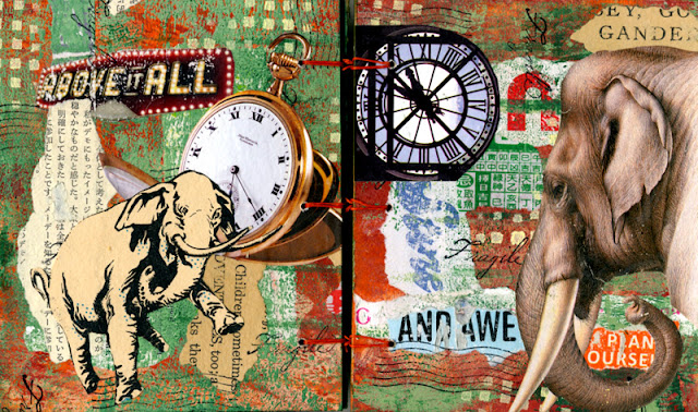 Collaged book with elephants and clocks