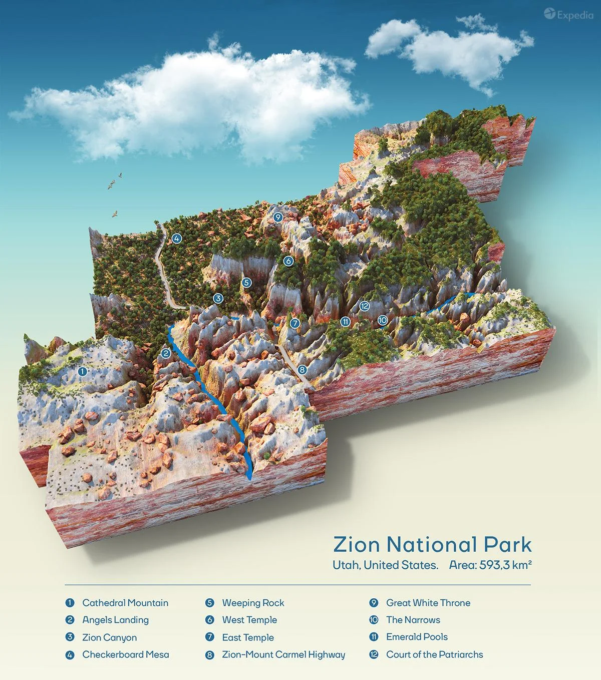 A topographic map of Zion National Park