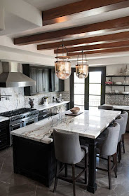 Black Kitchen Cabinets with white countertops and wood beams :: OrganizingMadeFun.com