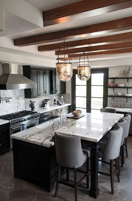 Black Kitchen Cabinets with white countertops and wood beams :: OrganizingMadeFun.com Black Kitchen Cabinets with white countertops and wood beams :: OrganizingMadeFun.com