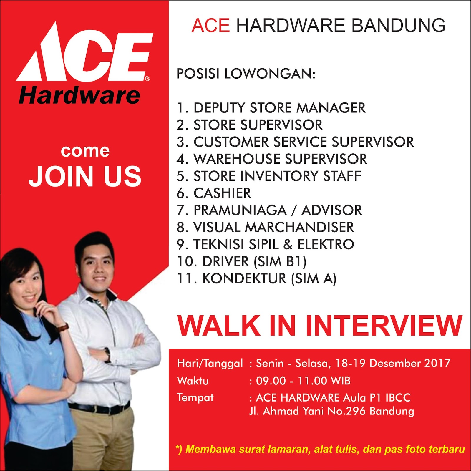 WALK IN INTERVIEW ACE HARDWARE BANDUNG DESEMBER 2017 Lowongan Kerja 