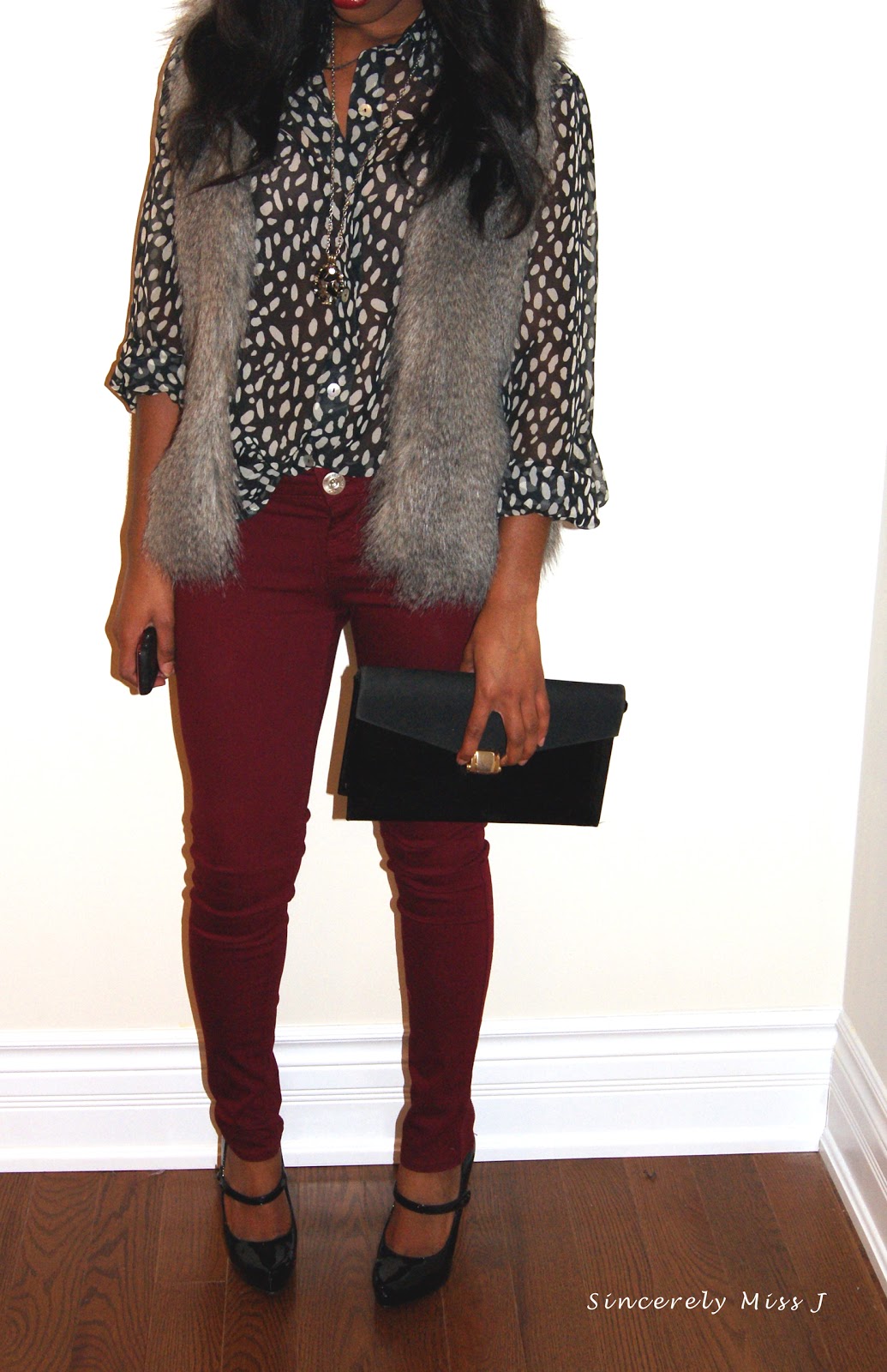 coloured jeans and faux fur and cool patterned blouse 