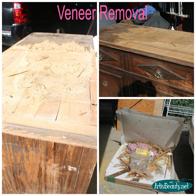 wood veneer removal roadside rescued dresser makeover before and after repair boho chic