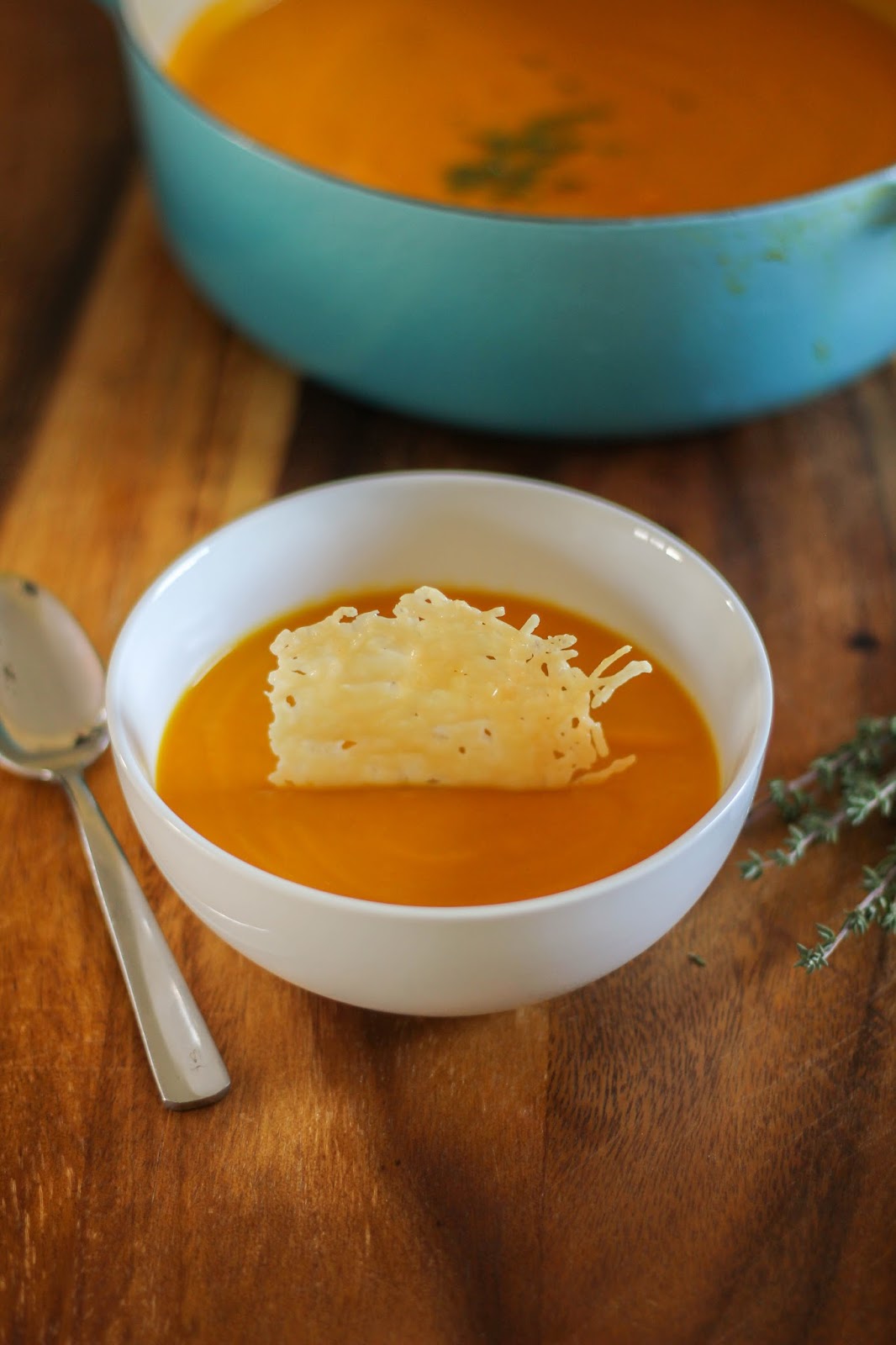 Spicy Butternut Squash Soup with Parmesan Crisps