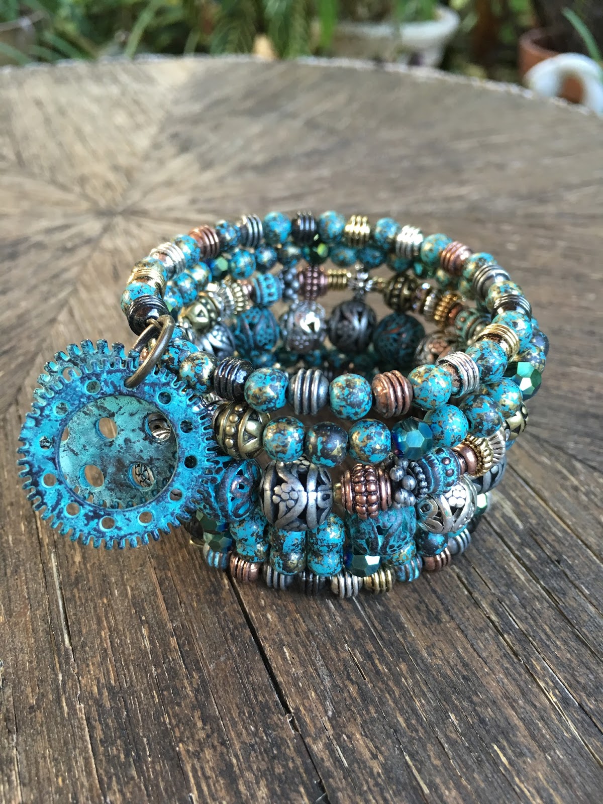 Jewelry By Martica: Rustic Blue Gold Silver Copper Memory Wire Bracelet