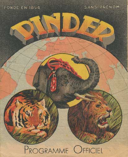 Programme papier du cirque Pinder orné des têtes d'éléphant, tigre et lion