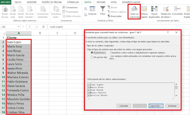 separar valores de columnas en Microsoft Excel