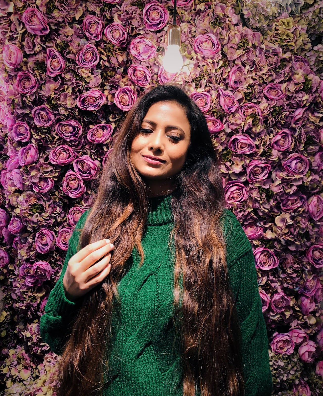 flower wall london, green jumper, élan cafe london, élan cafe market place, striped trousers, mountain boots, h&m trousers, effortless chic, london style, how to brighten winter, london blogger, indian blogger, what to wear in london, london cafe, london insta spot, 