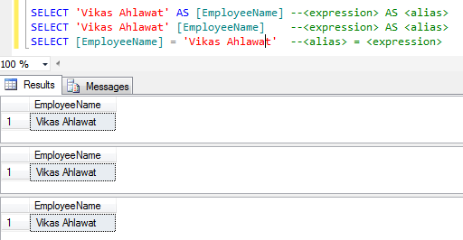 What are the forms of aliasing an attribute in T-SQL ...