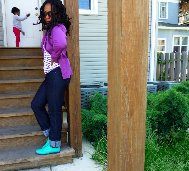 striped tee blazer and oxfords