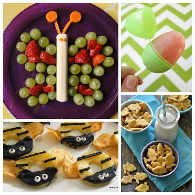 Healthy kids snacks for spring or Easter.  Lots of fun food ideas including flowers, butterflies, bunnies, bees and more!