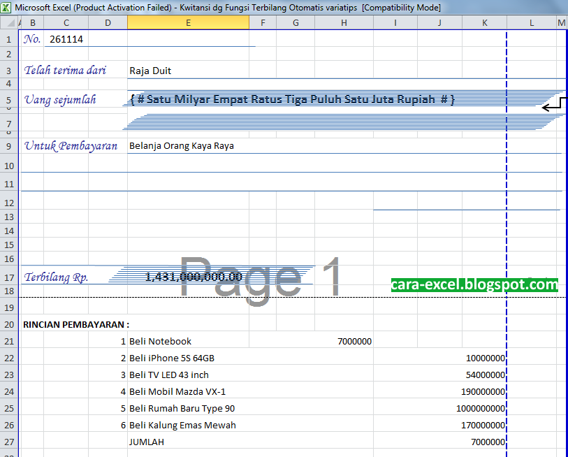 Cara Membuat Kwitansi Menggunakan Excel ~ Tips Excel