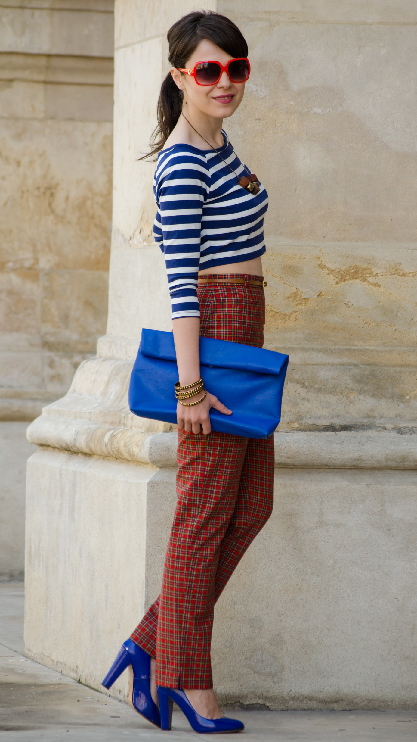 crop top high waist pants tartan blue stripes 