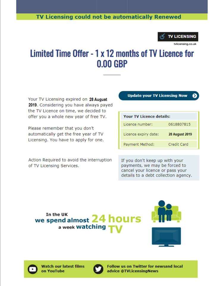 TV Licensing Free TV Licence Scam Email